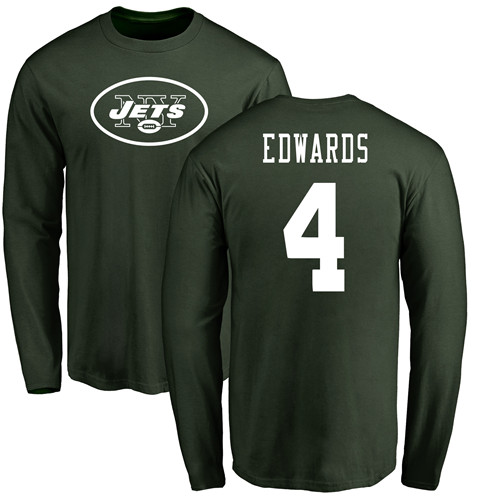 New York Jets Men Green Lac Edwards Name and Number Logo NFL Football #4 Long Sleeve T Shirt